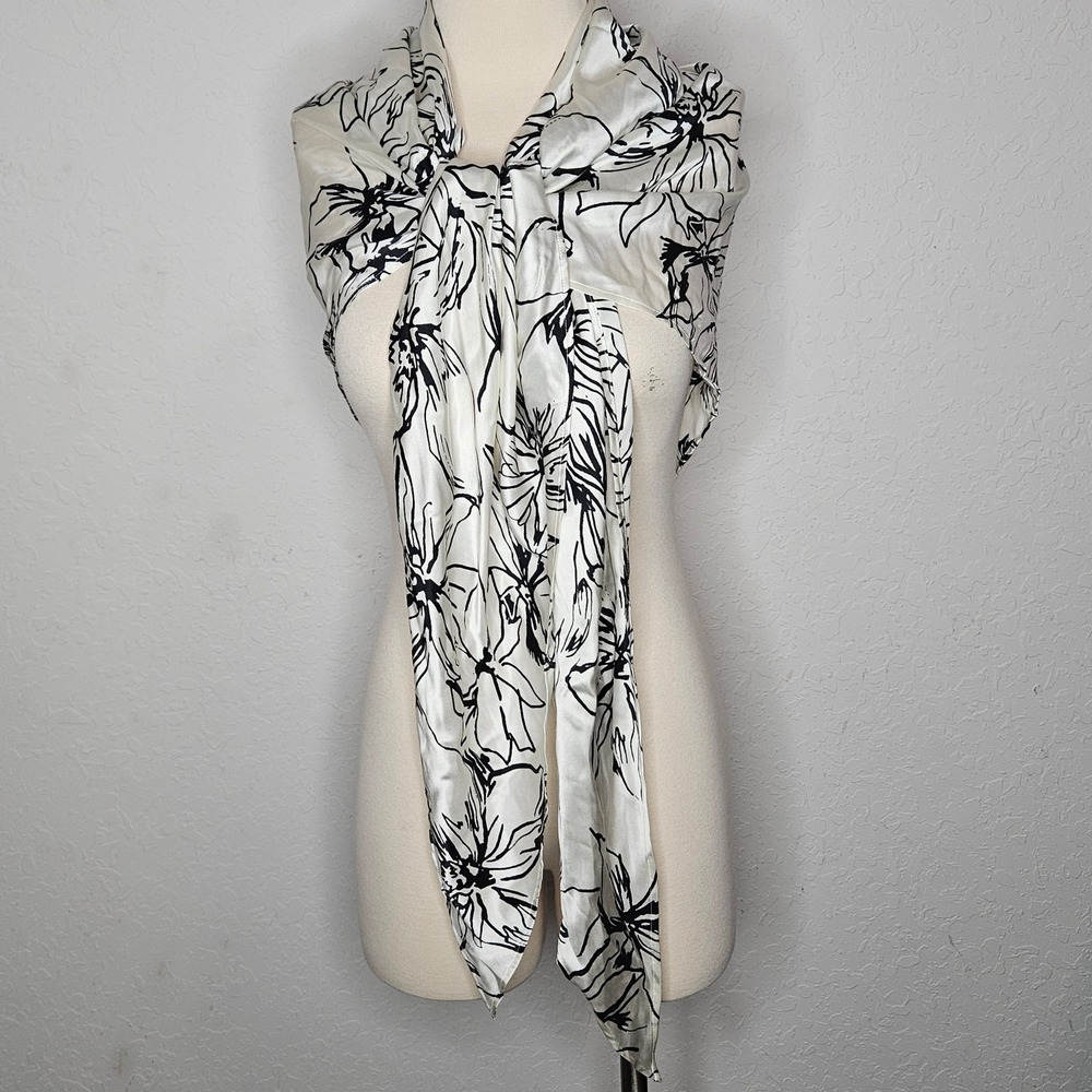Silk Floral Kimono Wrap Triangle Scarf Black White Boho Lightweight Layer‎